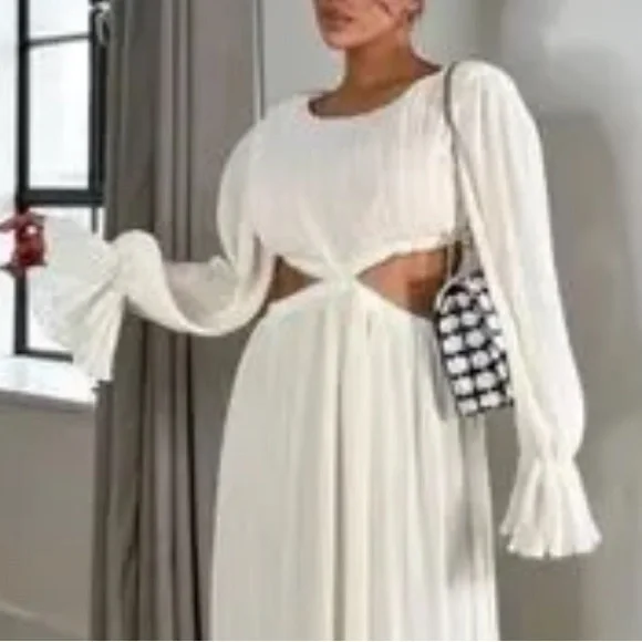 ZARA Cream Crinkly Midriff Cut Out Midi Dress M NWT - Picture 4 of 16